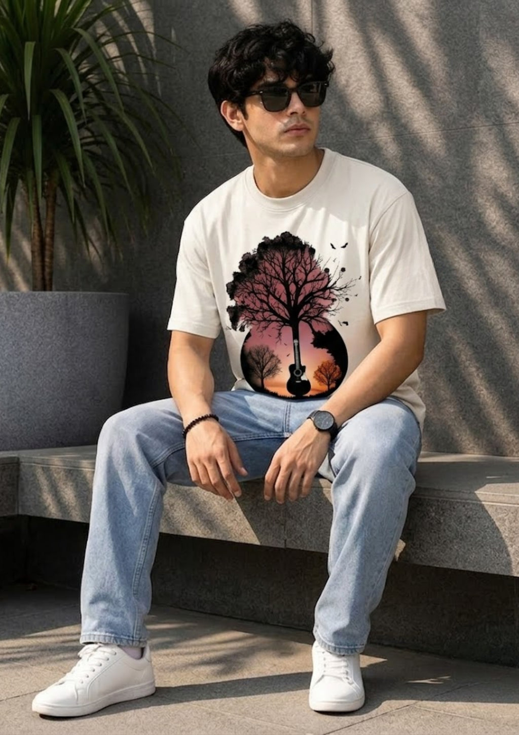 Tree & Guitar Graphic Oversized T-Shirt | 220 GSM | 100% Cotton