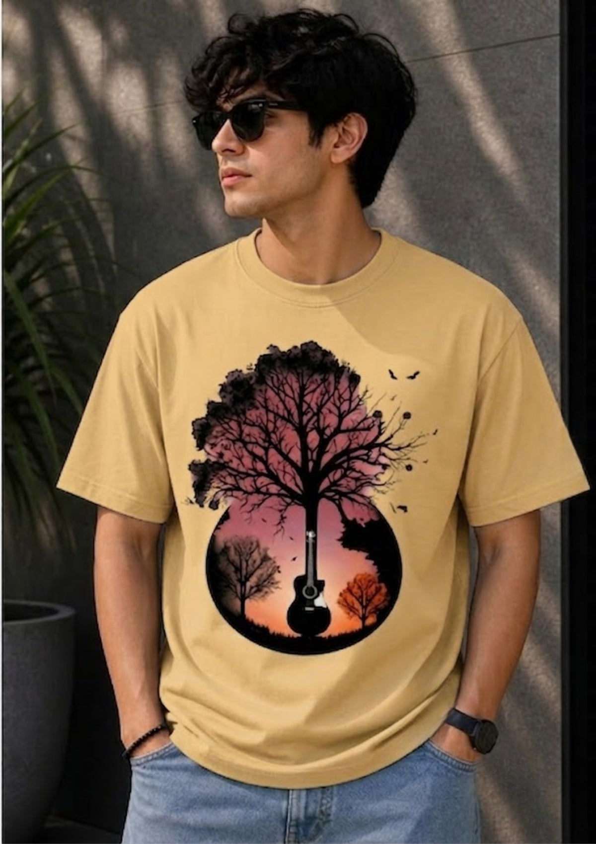 Tree & Guitar Graphic Oversized T-Shirt | 220 GSM | 100% Cotton