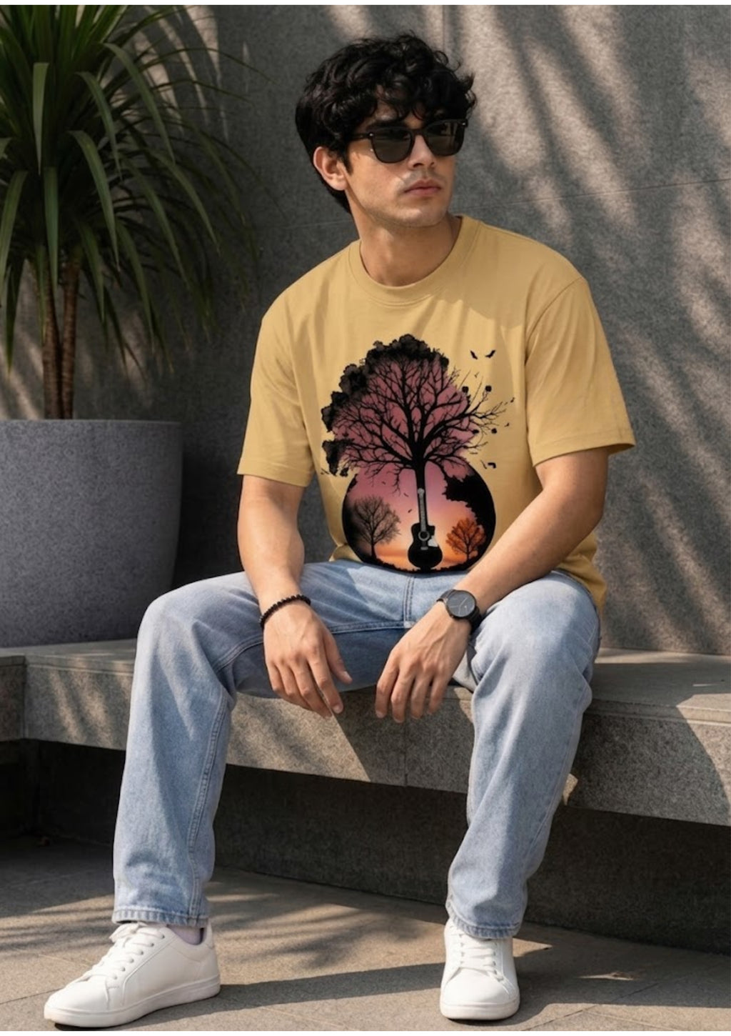 Tree & Guitar Graphic Oversized T-Shirt | 220 GSM | 100% Cotton