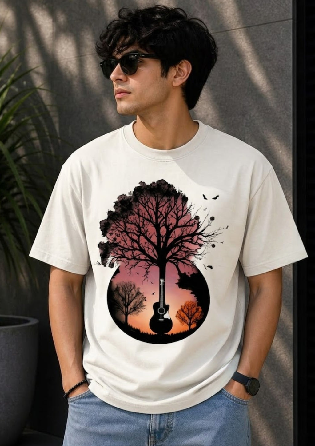 Tree & Guitar Graphic Oversized T-Shirt | 220 GSM | 100% Cotton